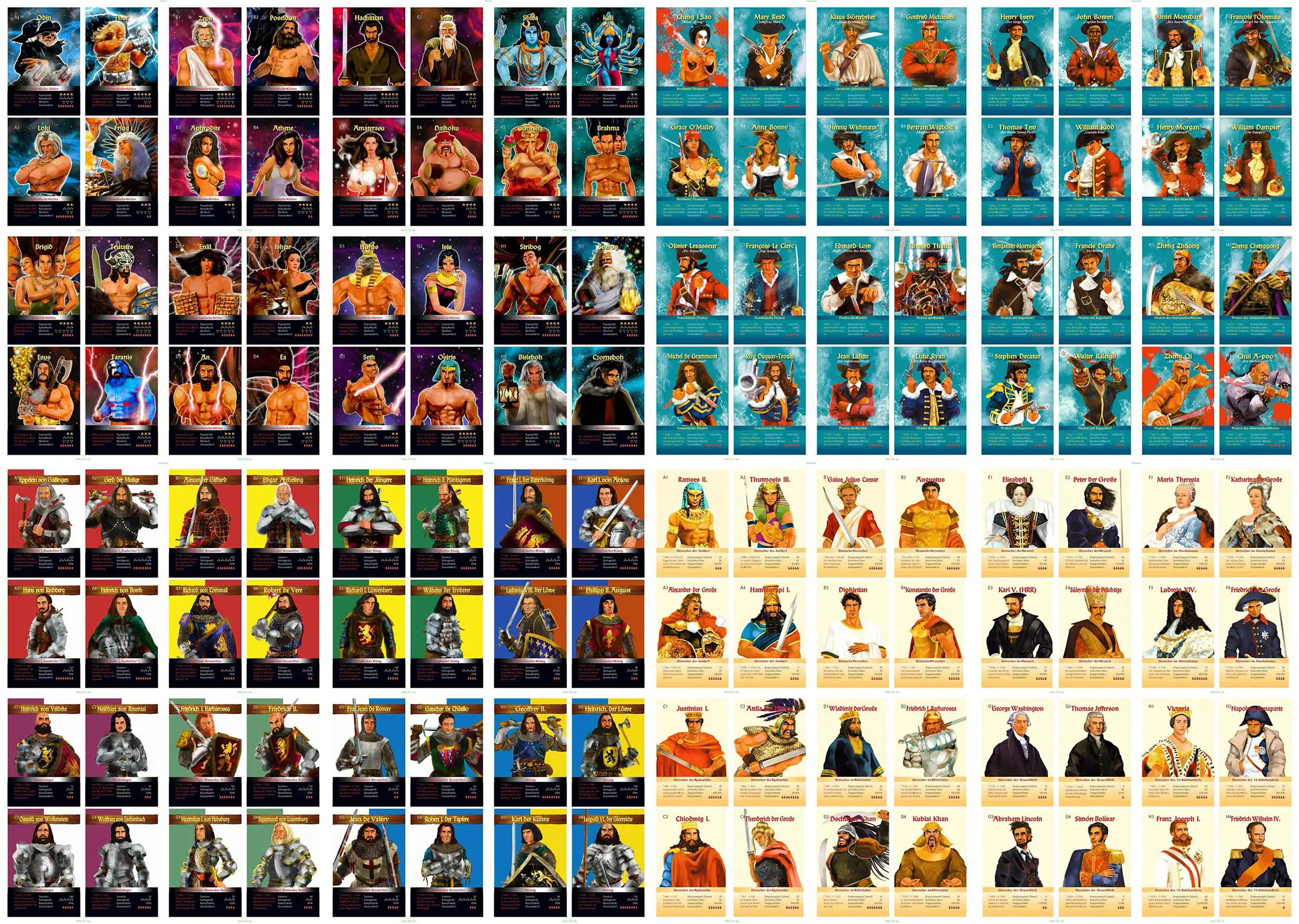 Multiple illustrated card decks for board games